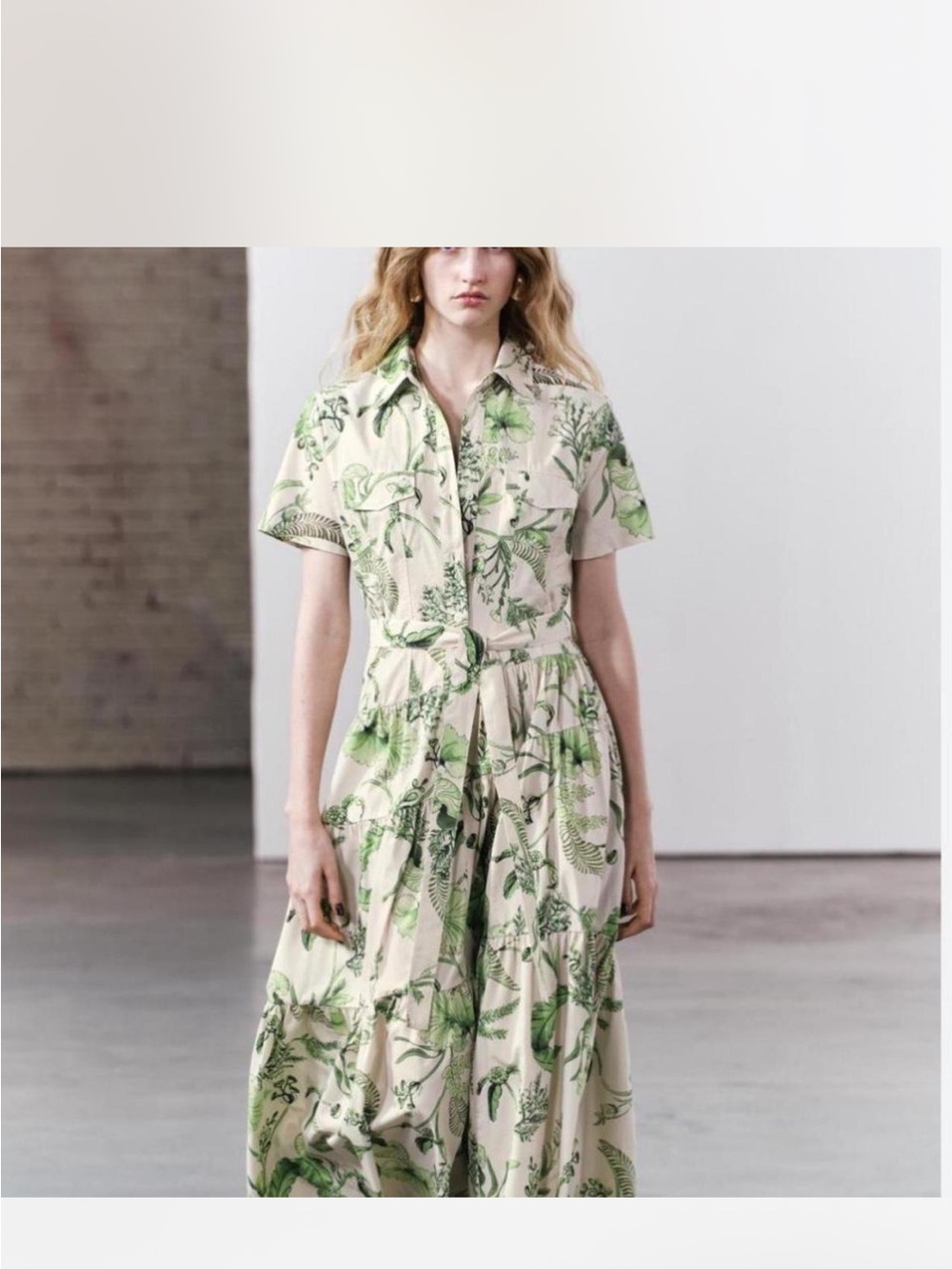 Zara Cream Maxi Shirt Dress with Green Botanical Print